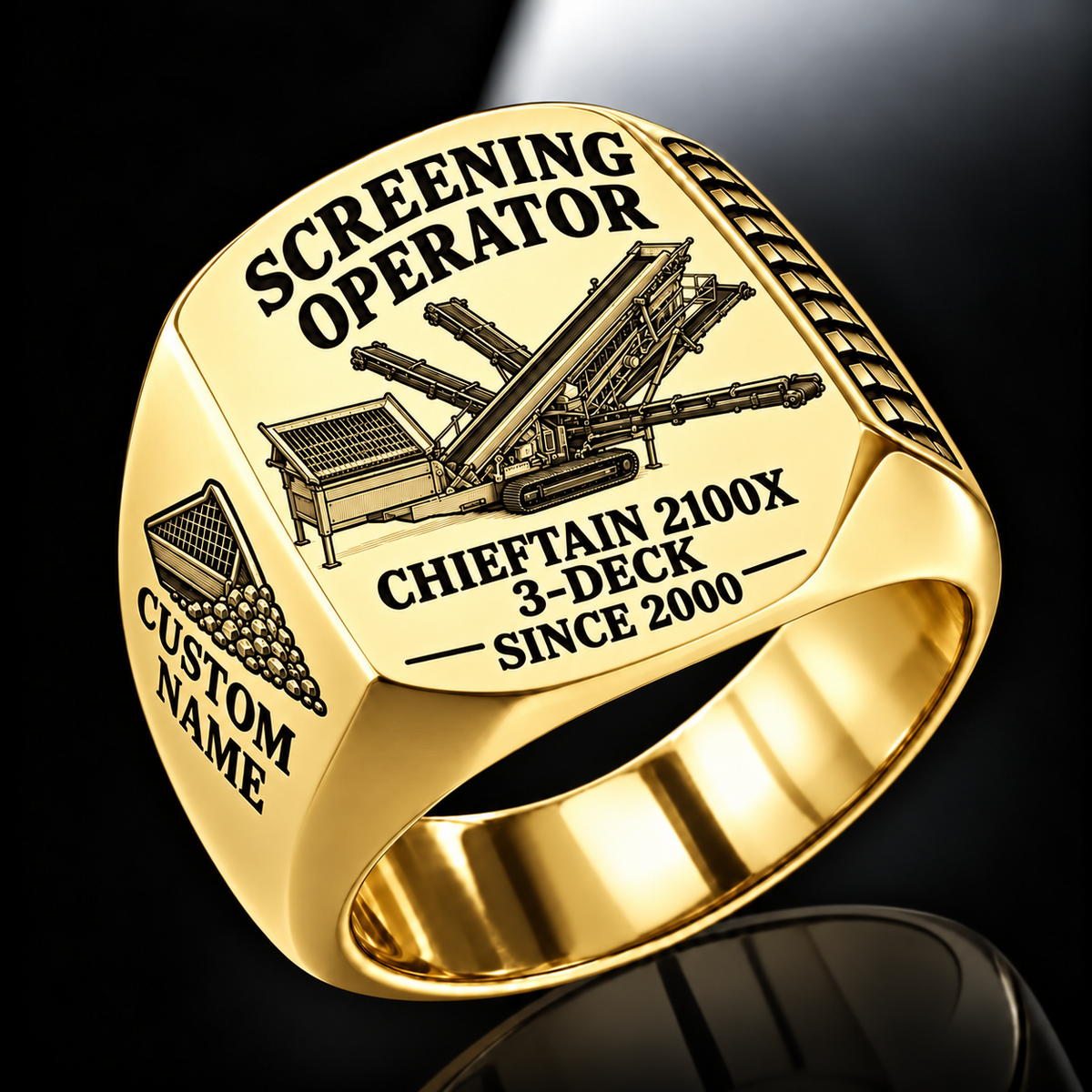 Chieftain 2100X 3-Deck Screener Operator Ring in Gold finish, flat machine engraving, CUSTOM NAME and SINCE 2000 sample text.