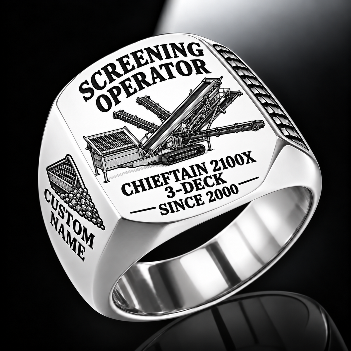 Chieftain 2100X 3-Deck Screener Operator Ring in Silver finish, flat machine engraving, CUSTOM NAME and SINCE 2000 sample text.