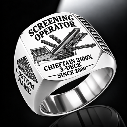 Chieftain 2100X 3-Deck Screener Operator Ring in Silver finish, flat machine engraving, CUSTOM NAME and SINCE 2000 sample text.