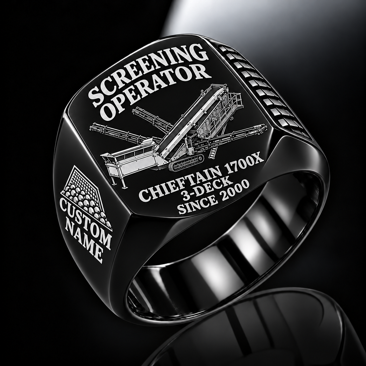 Chieftain 1700X 3-Deck Screener Operator Ring in Black finish, flat machine engraving, CUSTOM NAME and SINCE 2000 sample text.