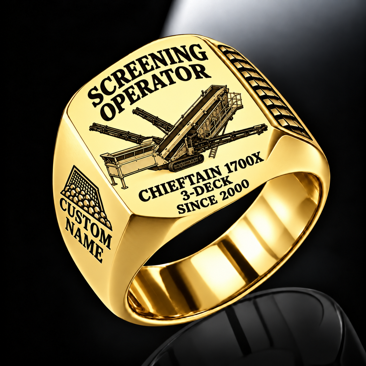 Chieftain 1700X 3-Deck Screener Operator Ring in Gold finish, flat machine engraving, CUSTOM NAME and SINCE 2000 sample text.
