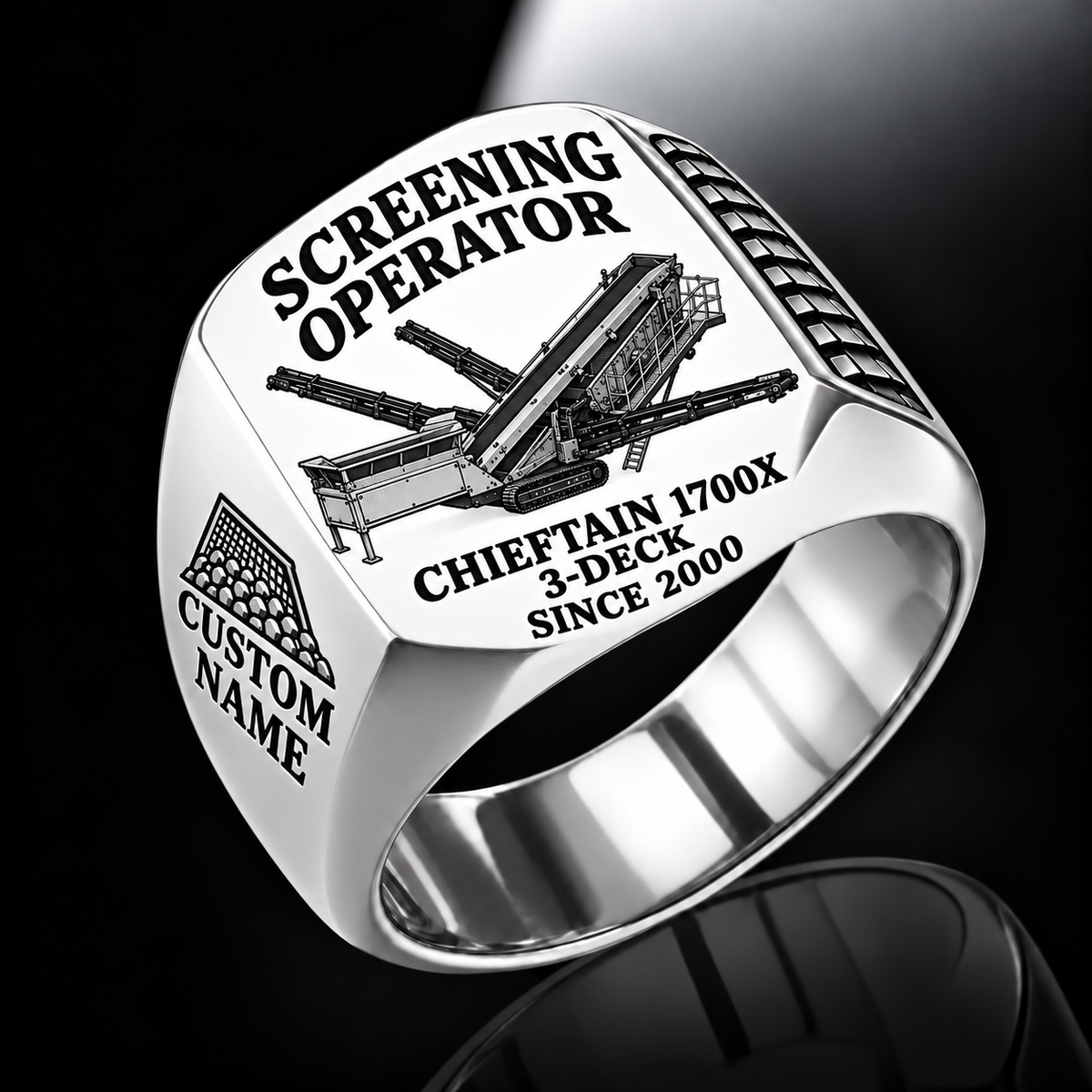 Chieftain 1700X 3-Deck Screener Operator Ring in Silver finish, flat machine engraving, CUSTOM NAME and SINCE 2000 sample text.