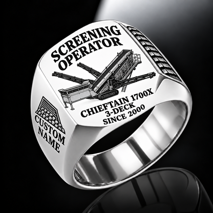 Chieftain 1700X 3-Deck Screener Operator Ring in Silver finish, flat machine engraving, CUSTOM NAME and SINCE 2000 sample text.