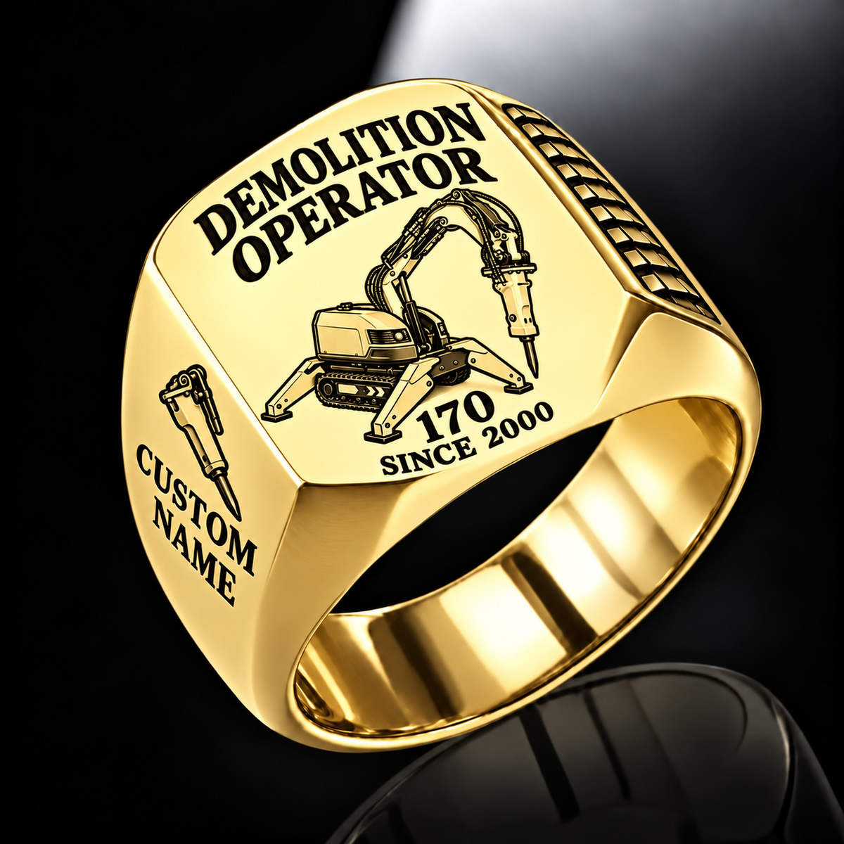 Model 170 demolition robot operator signet ring, gold finish, Custom Name and Since 2000 engraving.