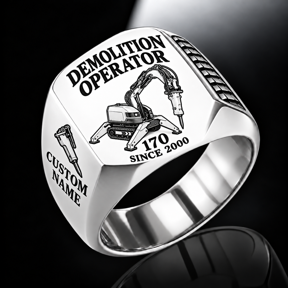 Model 170 demolition robot operator signet ring, silver finish, Custom Name and Since 2000 engraving.