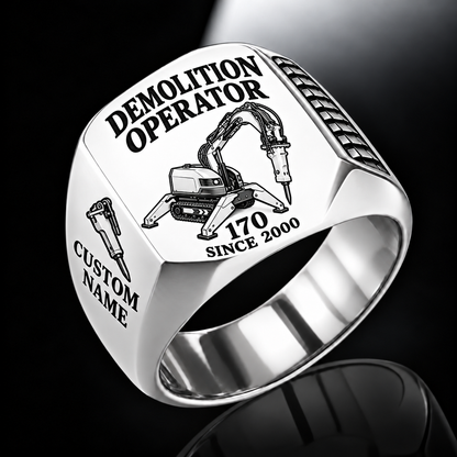 Model 170 demolition robot operator signet ring, silver finish, Custom Name and Since 2000 engraving.