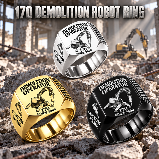 170 Demolition Robot Operator Ring in Silver, Gold and Black finishes, flat machine engraving, CUSTOM NAME and SINCE 2000 sample text.