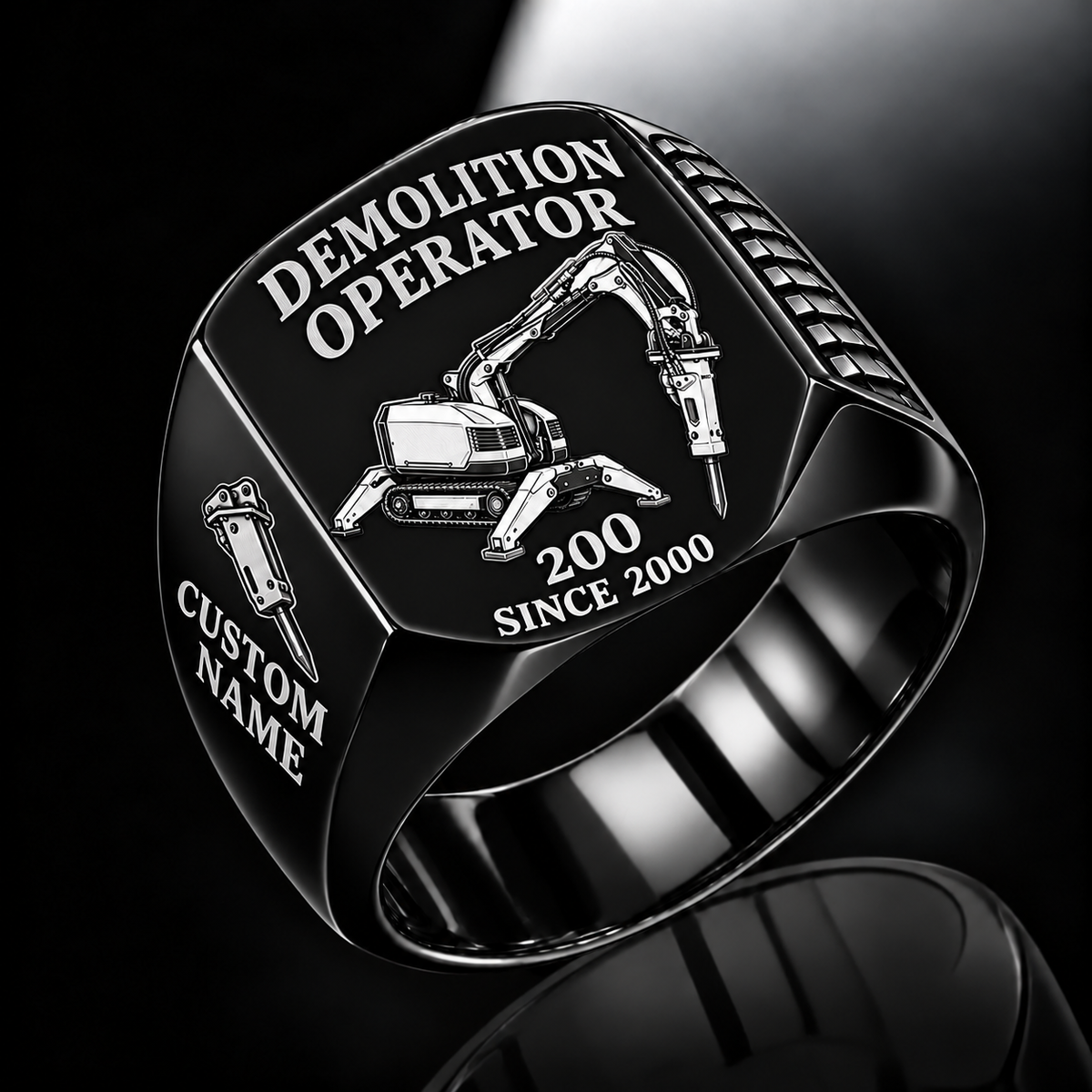 Model 200 demolition robot operator signet ring, black finish, Custom Name and Since 2000 engraving.