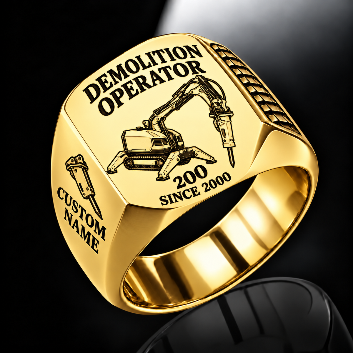 Model 200 demolition robot operator signet ring, gold finish, Custom Name and Since 2000 engraving.