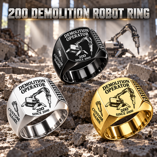 200 Demolition Robot Operator Ring in Silver, Gold and Black finishes, flat machine engraving, CUSTOM NAME and SINCE 2000 sample text.