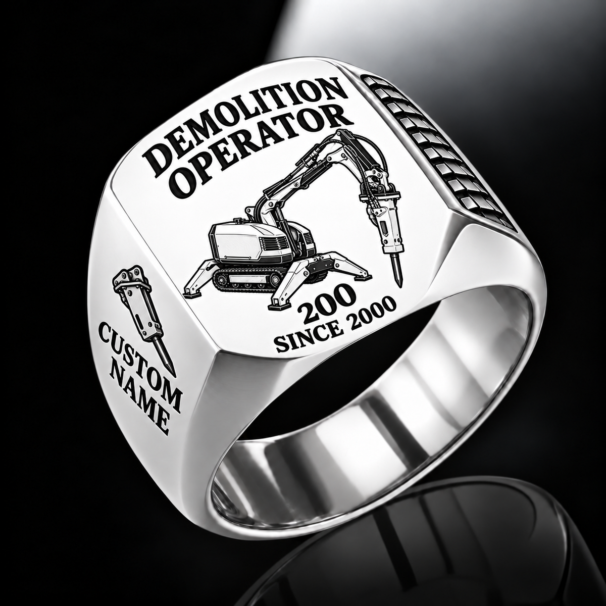 200 Demolition Robot Operator Ring in Silver finish, flat machine engraving, CUSTOM NAME and SINCE 2000 sample text.