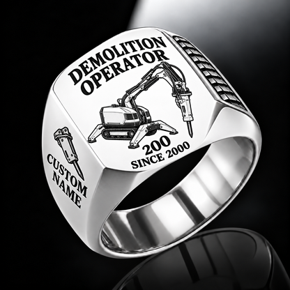 200 Demolition Robot Operator Ring in Silver finish, flat machine engraving, CUSTOM NAME and SINCE 2000 sample text.