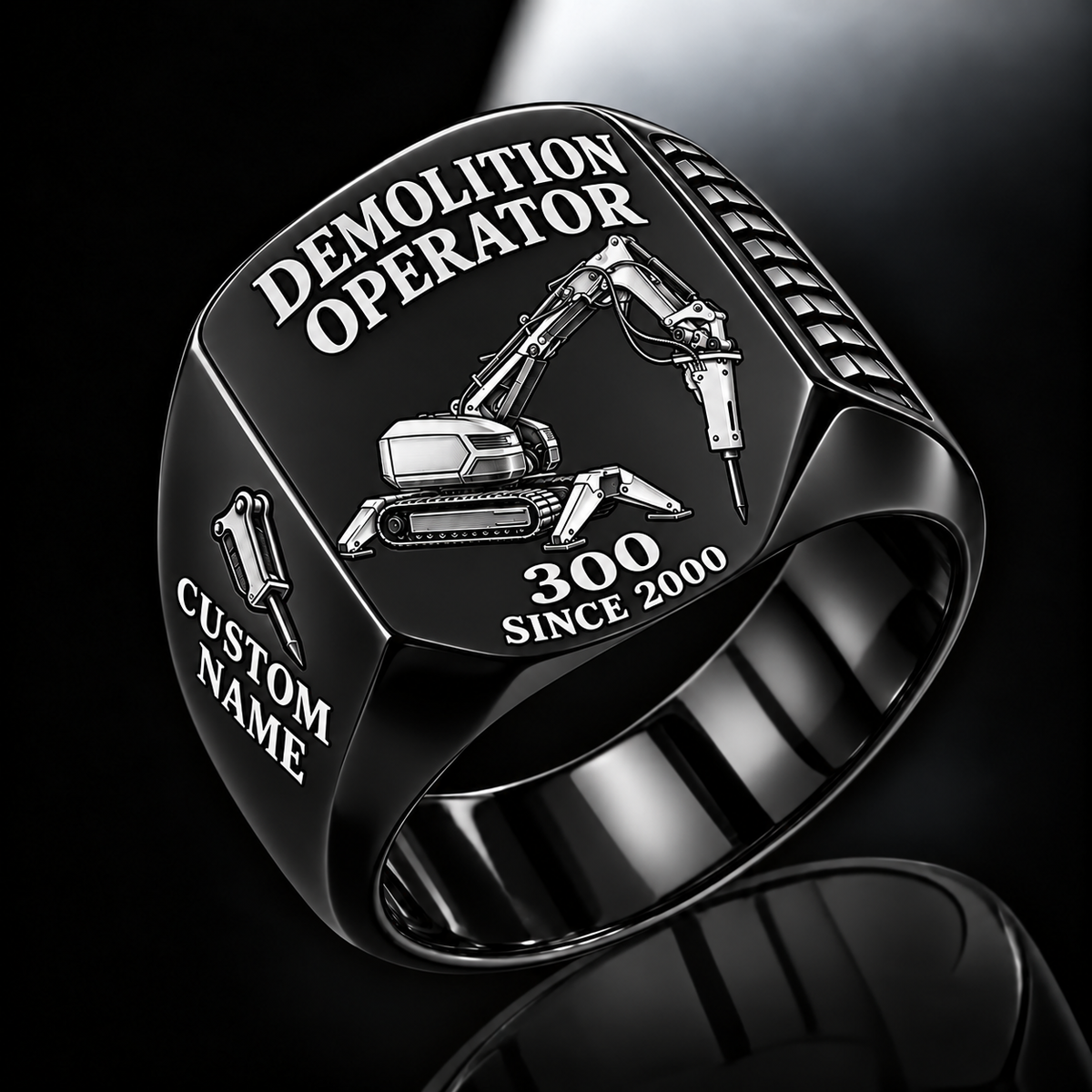 300 Demolition Robot Operator Ring in Black finish, flat machine engraving, CUSTOM NAME and SINCE 2000 sample text.