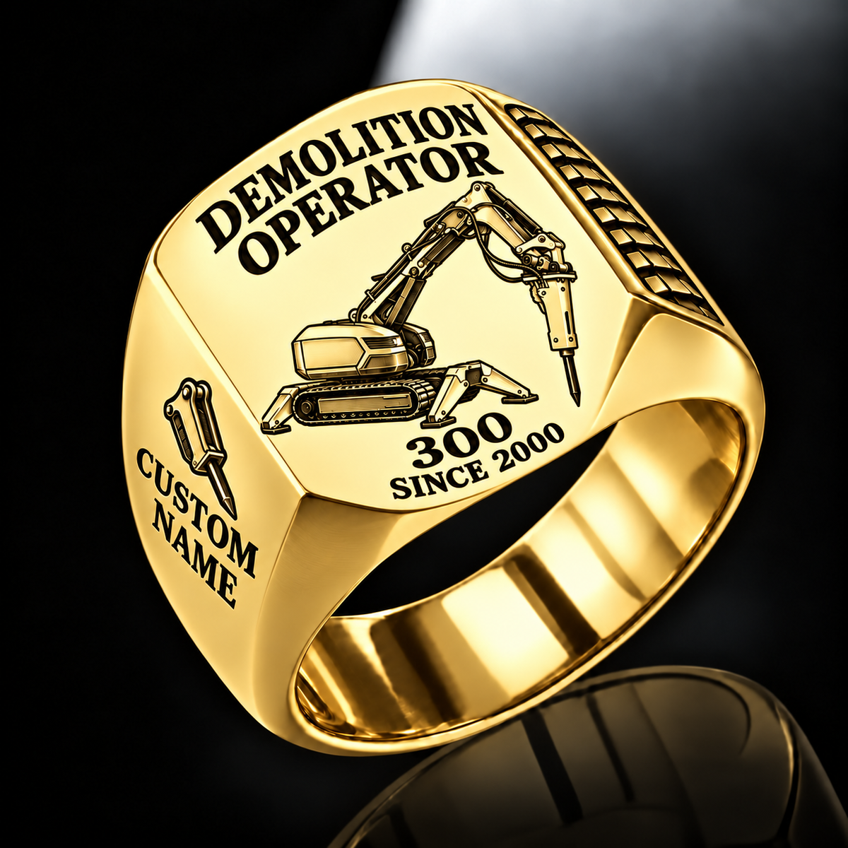 300 Demolition Robot Operator Ring in Gold finish, flat machine engraving, CUSTOM NAME and SINCE 2000 sample text.