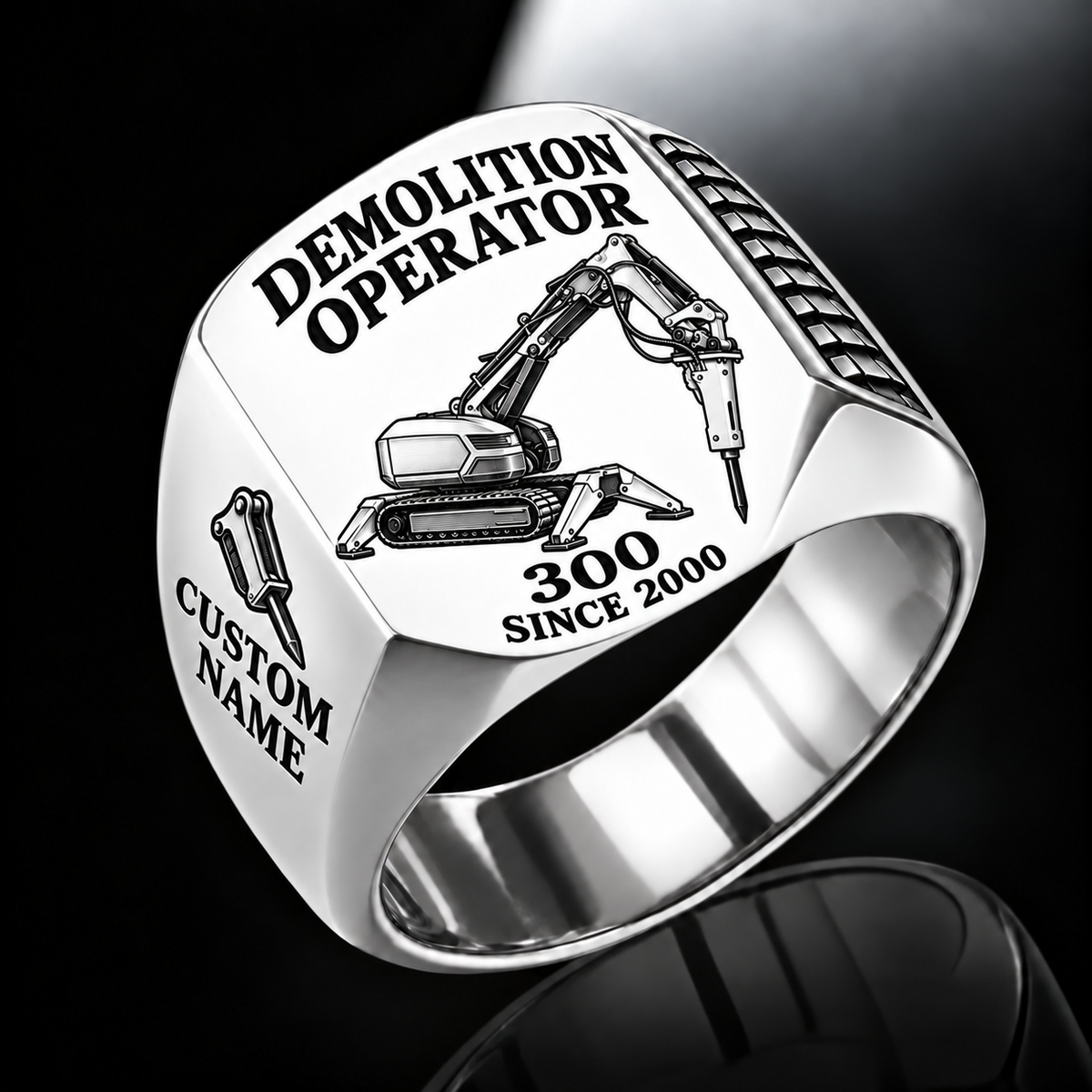 300 Demolition Robot Operator Ring in Silver finish, flat machine engraving, CUSTOM NAME and SINCE 2000 sample text.
