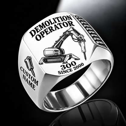 300 Demolition Robot Operator Ring in Silver finish, flat machine engraving, CUSTOM NAME and SINCE 2000 sample text.