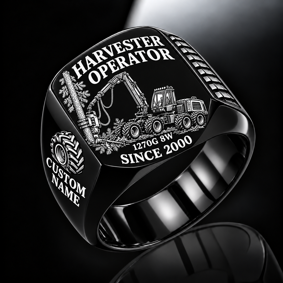 John Deere 1270G 8W Harvester Operator signet ring in black, with standing-tree harvesting-head engraving, CUSTOM NAME and SINCE 2000