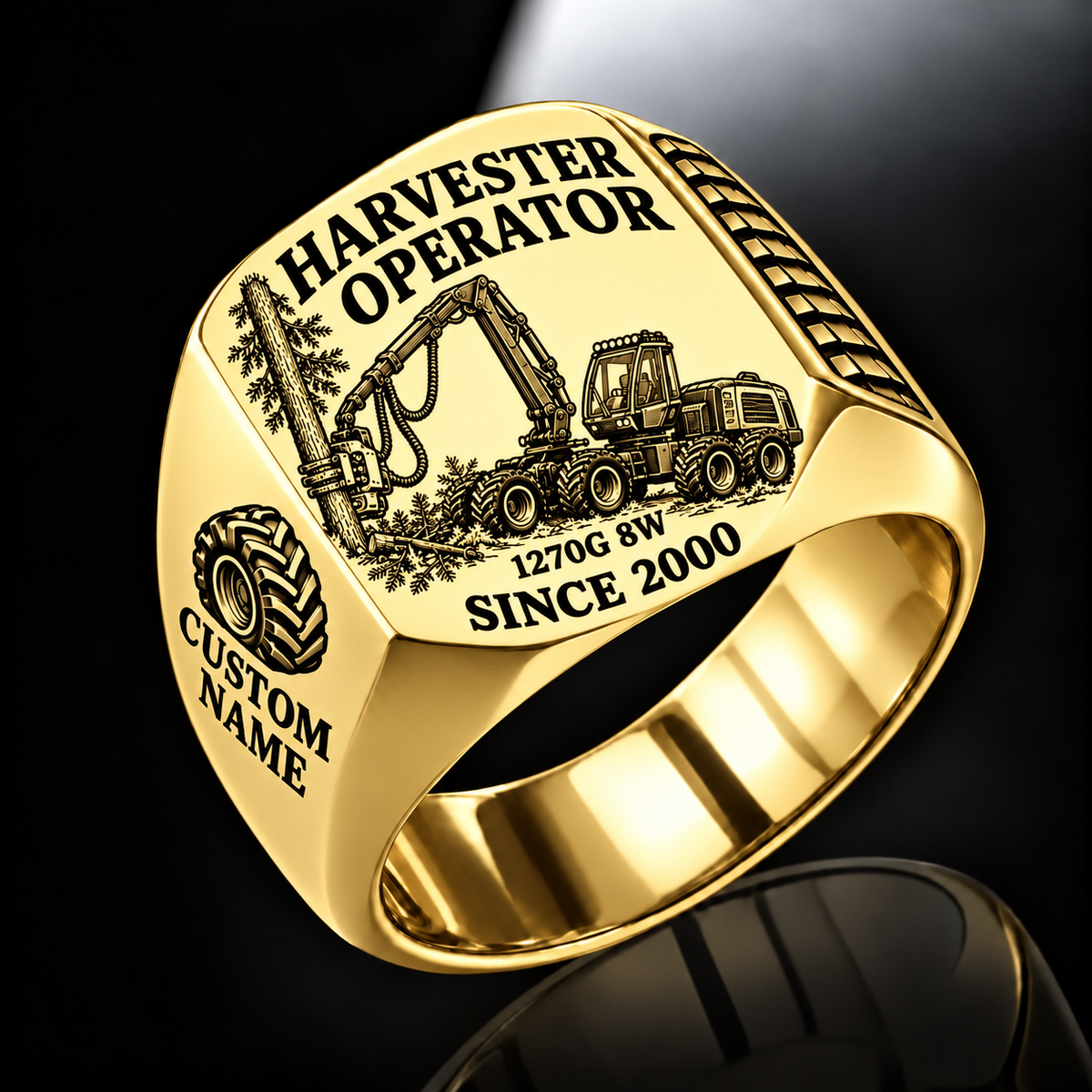 John Deere 1270G 8W Harvester Operator signet ring in gold, with standing-tree harvesting-head engraving, CUSTOM NAME and SINCE 2000