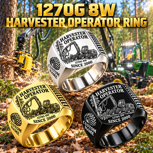John Deere 1270G 8W Harvester Operator ring in Silver, Gold and Black, with CUSTOM NAME and SINCE 2000, at a forest harvesting site