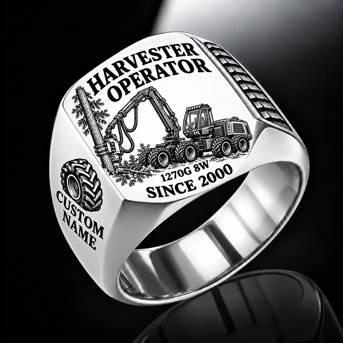 John Deere 1270G 8W Harvester Operator signet ring in silver, with standing-tree harvesting-head engraving, CUSTOM NAME and SINCE 2000