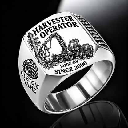 John Deere 1270G 8W Harvester Operator signet ring in silver, with standing-tree harvesting-head engraving, CUSTOM NAME and SINCE 2000