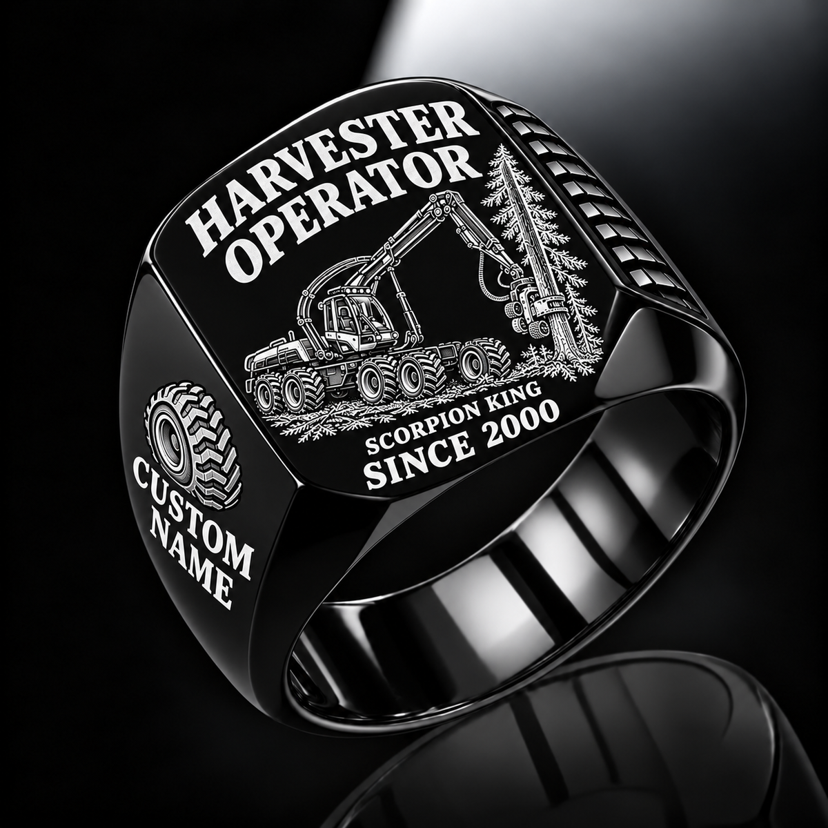 Ponsse Scorpion King Harvester Operator signet ring in black, with standing-tree harvesting-head engraving, CUSTOM NAME and SINCE 2000