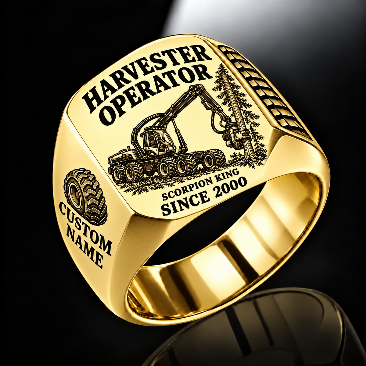 Ponsse Scorpion King Harvester Operator signet ring in gold, with standing-tree harvesting-head engraving, CUSTOM NAME and SINCE 2000