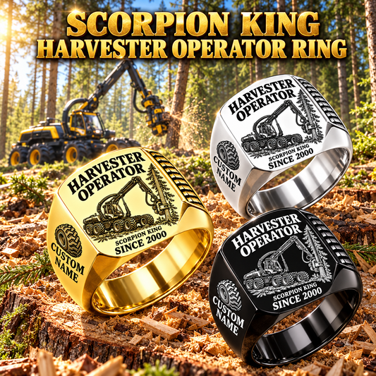 Ponsse Scorpion King Harvester Operator ring in Silver, Gold and Black, with CUSTOM NAME and SINCE 2000, at a forest harvesting site