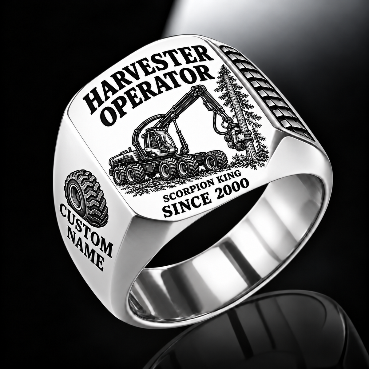 Ponsse Scorpion King Harvester Operator signet ring in silver, with standing-tree harvesting-head engraving, CUSTOM NAME and SINCE 2000