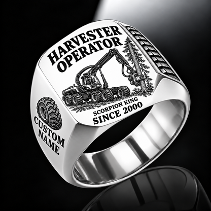 Ponsse Scorpion King Harvester Operator signet ring in silver, with standing-tree harvesting-head engraving, CUSTOM NAME and SINCE 2000
