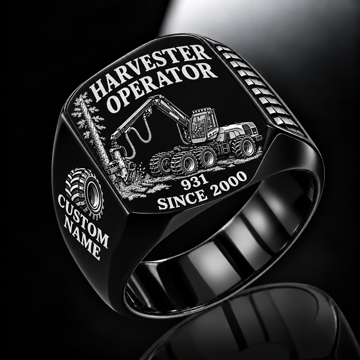 Komatsu 931 Harvester Operator signet ring in black, with standing-tree harvesting-head engraving, CUSTOM NAME and SINCE 2000