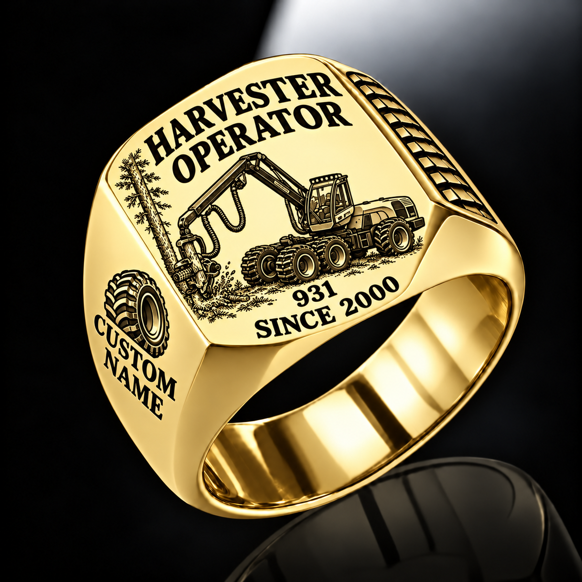Komatsu 931 Harvester Operator signet ring in gold, with standing-tree harvesting-head engraving, CUSTOM NAME and SINCE 2000