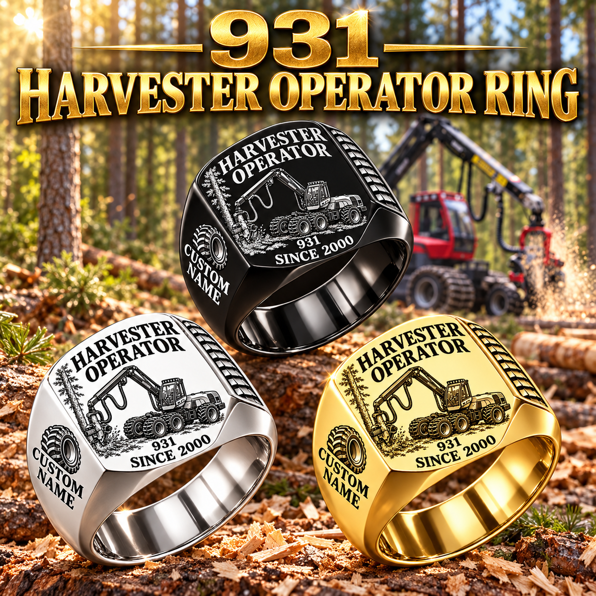 Komatsu 931 Harvester Operator ring in Silver, Gold and Black, with CUSTOM NAME and SINCE 2000, at a forest harvesting site