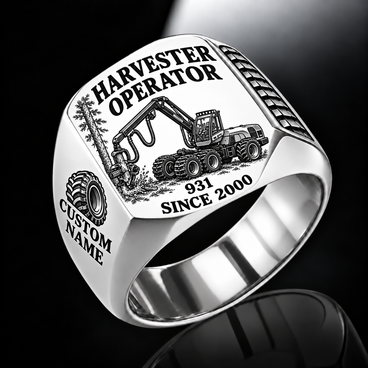 Komatsu 931 Harvester Operator signet ring in silver, with standing-tree harvesting-head engraving, CUSTOM NAME and SINCE 2000