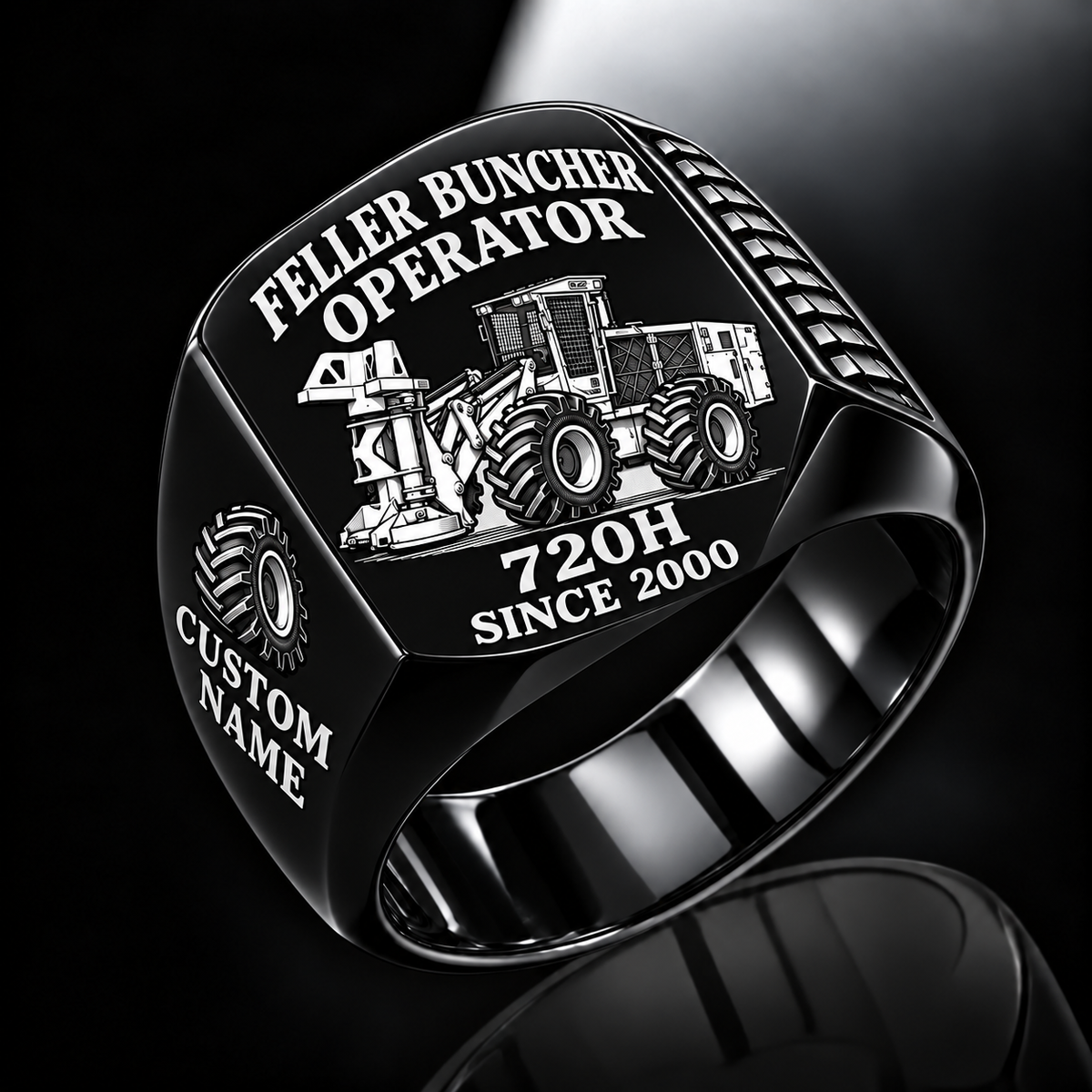 Tigercat 720H Feller Buncher Operator Ring in Black finish, flat engraving showing upright accumulating disc-saw felling head, CUSTOM NAME and SINCE 2000.