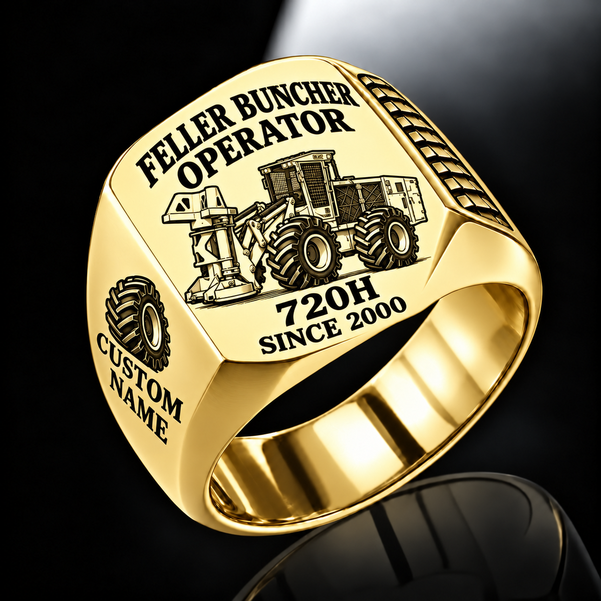 Tigercat 720H Feller Buncher Operator ring in gold, flat engraved saw-head machine, CUSTOM NAME and SINCE 2000