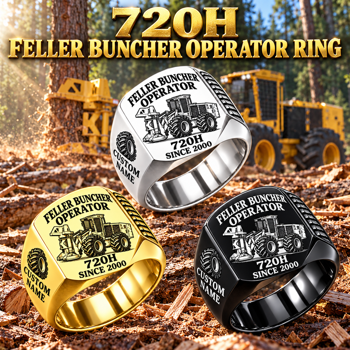 Tigercat 720H Feller Buncher Operator Ring: Silver, Gold and Black signet rings with flat machine engraving, CUSTOM NAME and SINCE 2000.