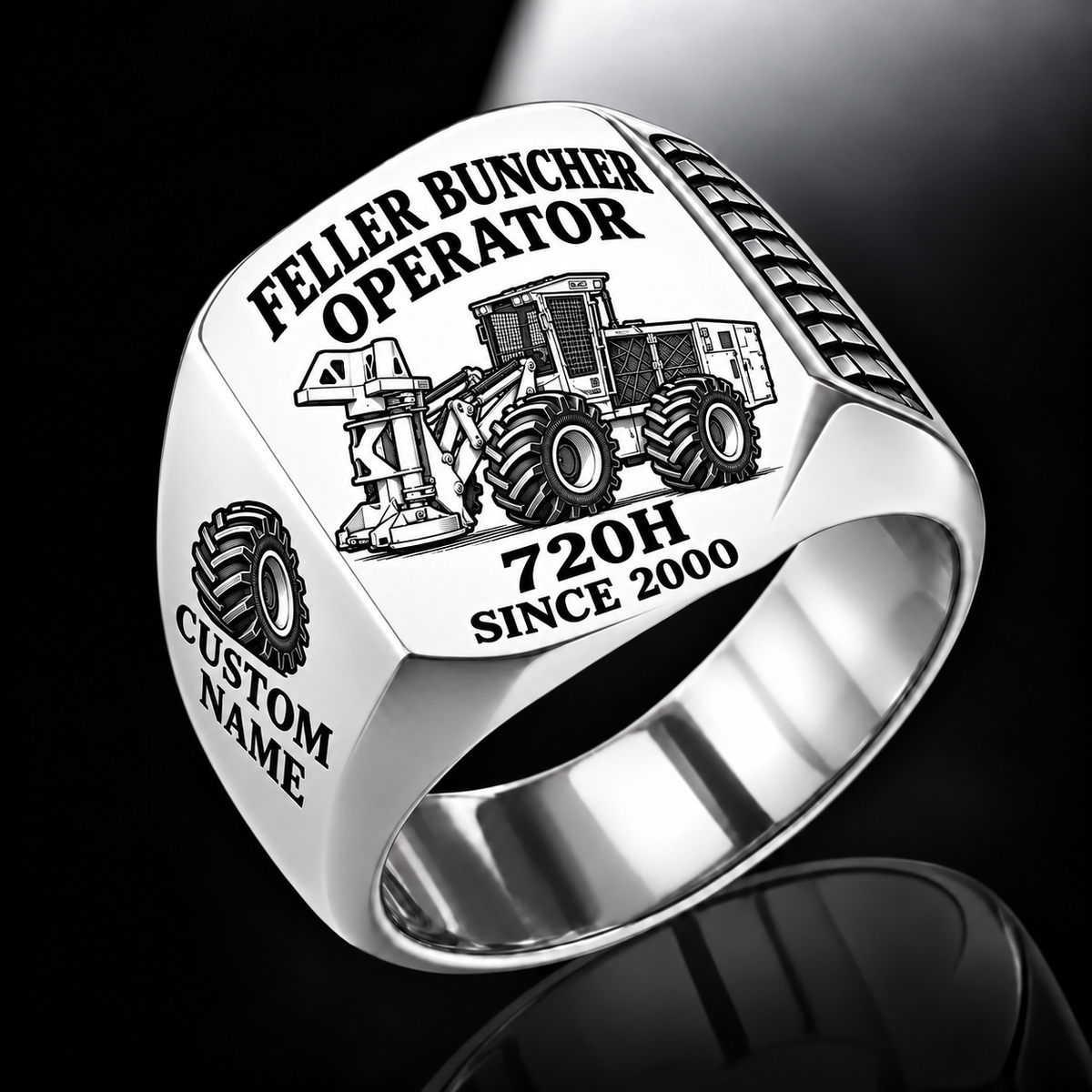 Tigercat 720H Feller Buncher Operator Ring in Silver finish, flat engraving showing upright accumulating disc-saw felling head, CUSTOM NAME and SINCE 2000.