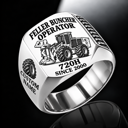 Tigercat 720H Feller Buncher Operator Ring in Silver finish, flat engraving showing upright accumulating disc-saw felling head, CUSTOM NAME and SINCE 2000.