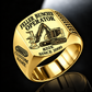 Tigercat 822E Feller Buncher Operator Ring in Gold finish, flat engraving showing upright accumulating disc-saw felling head, CUSTOM NAME and SINCE 2000.