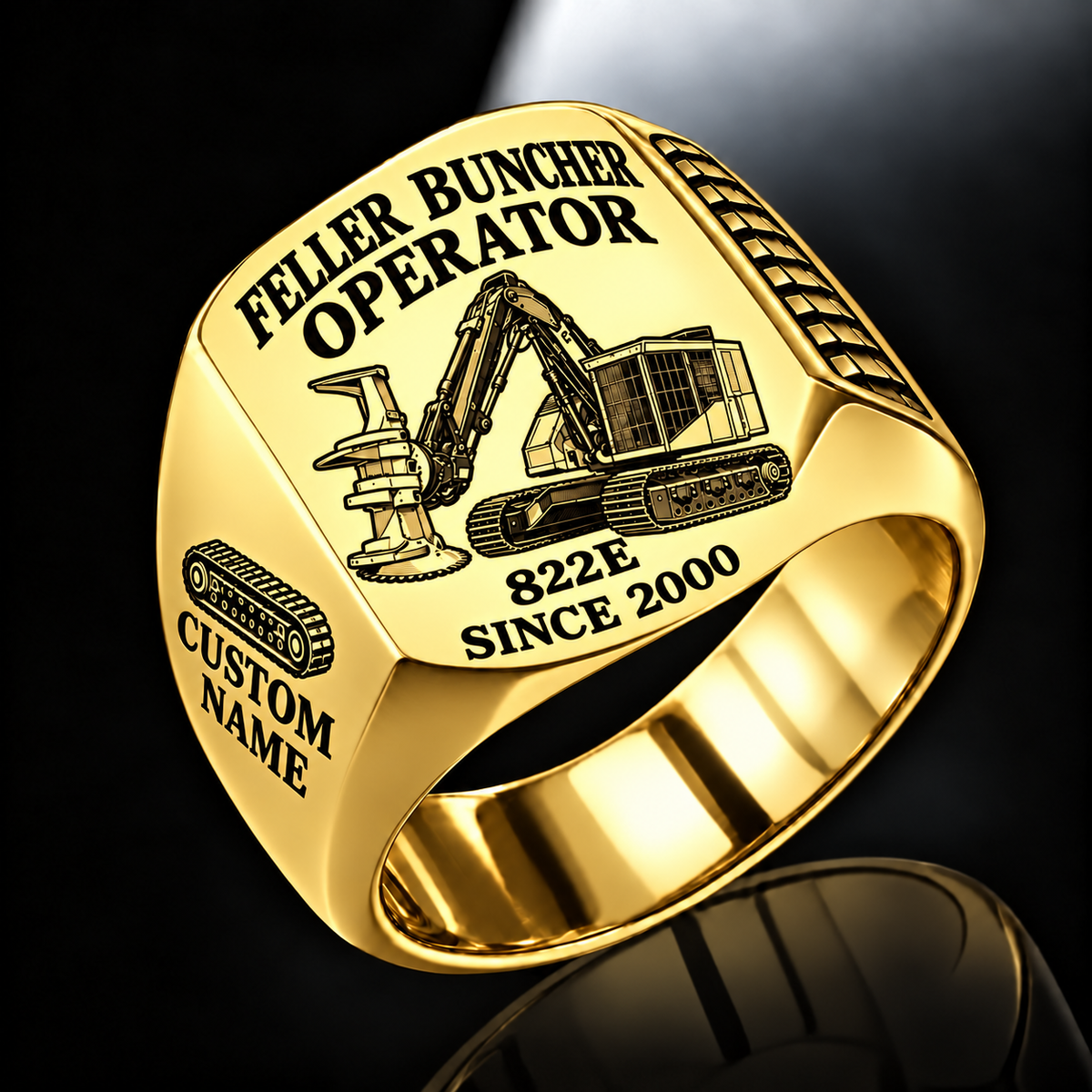 Tigercat 822E Feller Buncher Operator Ring in Gold finish, flat engraving showing upright accumulating disc-saw felling head, CUSTOM NAME and SINCE 2000.