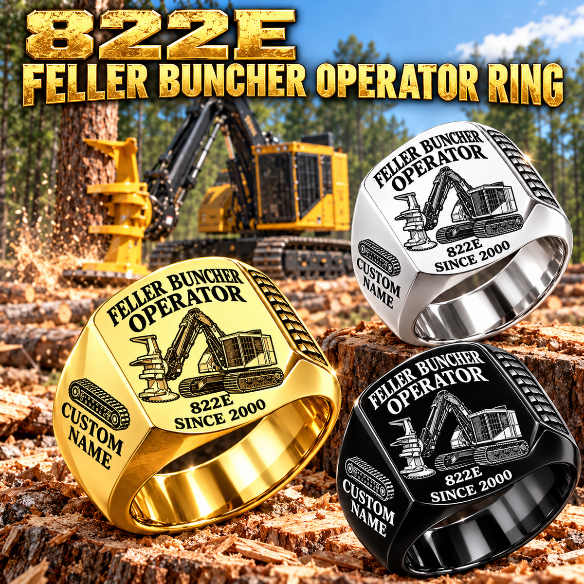 Tigercat 822E Feller Buncher Operator Ring: Silver, Gold and Black signet rings with flat machine engraving, CUSTOM NAME and SINCE 2000.