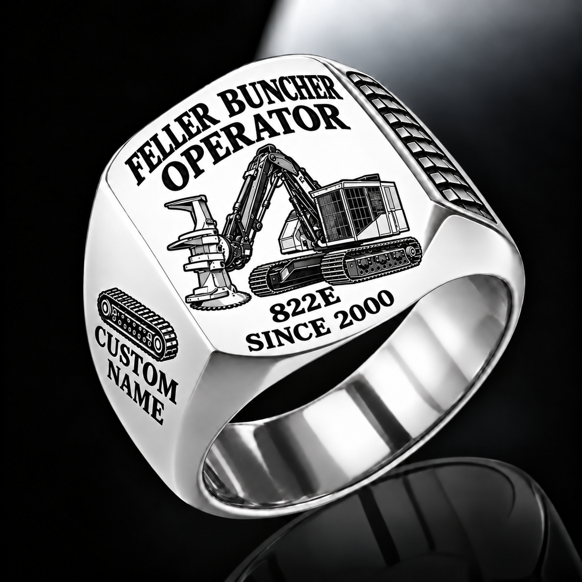 Tigercat 822E Feller Buncher Operator ring in silver, flat engraved saw-head machine, CUSTOM NAME and SINCE 2000