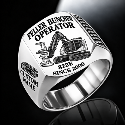 Tigercat 822E Feller Buncher Operator ring in silver, flat engraved saw-head machine, CUSTOM NAME and SINCE 2000