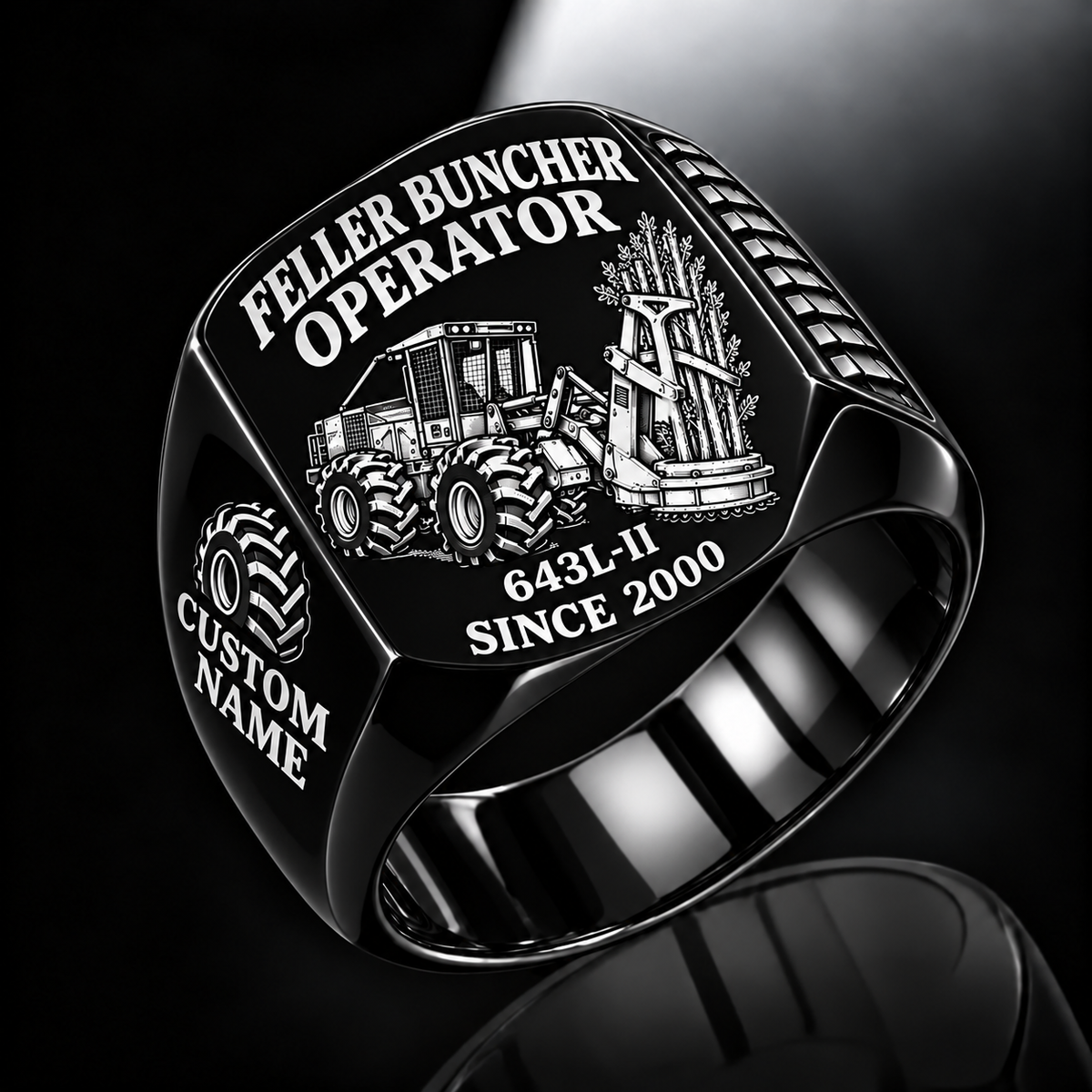 John Deere 643L-II Feller Buncher Operator Ring in Black finish, flat engraving showing upright accumulating disc-saw felling head, CUSTOM NAME and SINCE 2000.