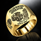 John Deere 643L-II Feller Buncher Operator Ring in Gold finish, flat engraving showing upright accumulating disc-saw felling head, CUSTOM NAME and SINCE 2000.