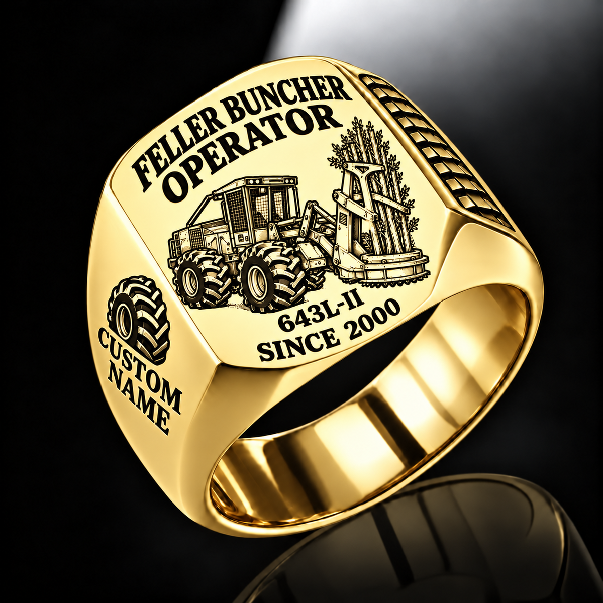 John Deere 643L-II Feller Buncher Operator Ring in Gold finish, flat engraving showing upright accumulating disc-saw felling head, CUSTOM NAME and SINCE 2000.