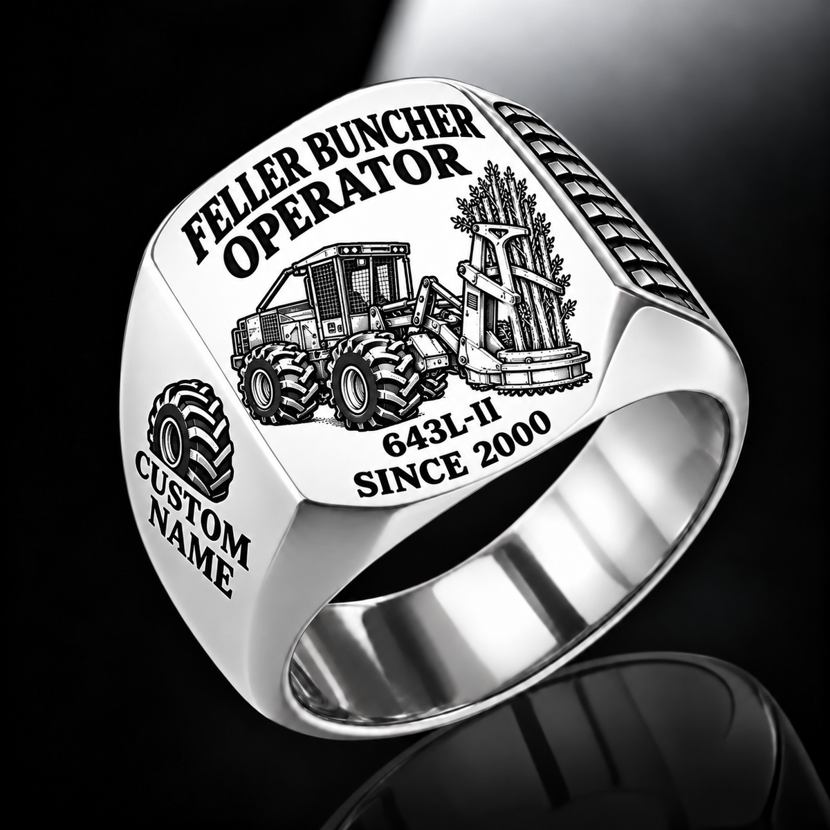 John Deere 643L-II Feller Buncher Operator Ring in Silver finish, flat engraving showing upright accumulating disc-saw felling head, CUSTOM NAME and SINCE 2000.