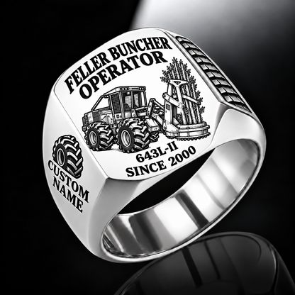 John Deere 643L-II Feller Buncher Operator Ring in Silver finish, flat engraving showing upright accumulating disc-saw felling head, CUSTOM NAME and SINCE 2000.