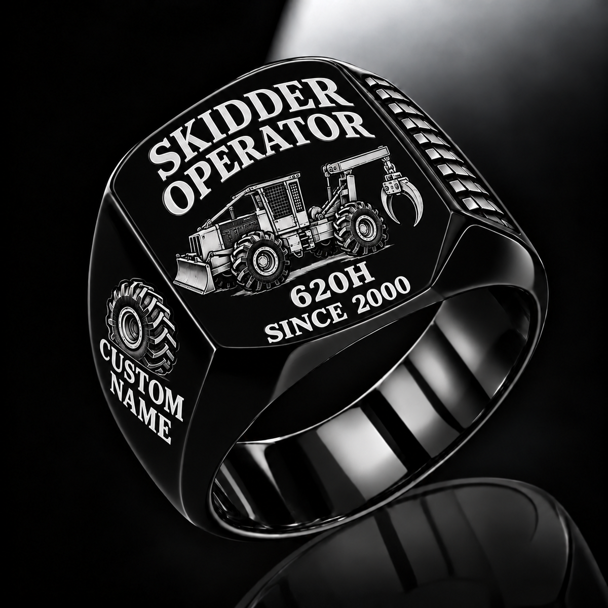 Tigercat 620H Skidder Operator Ring in Black finish, flat engraving showing rear timber grapple and front push blade, CUSTOM NAME and SINCE 2000.